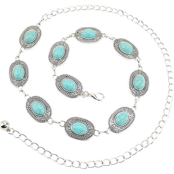 Women Turquoise Concho Chain Belt Western Cowgirl Waist Chain Oval Metal Link